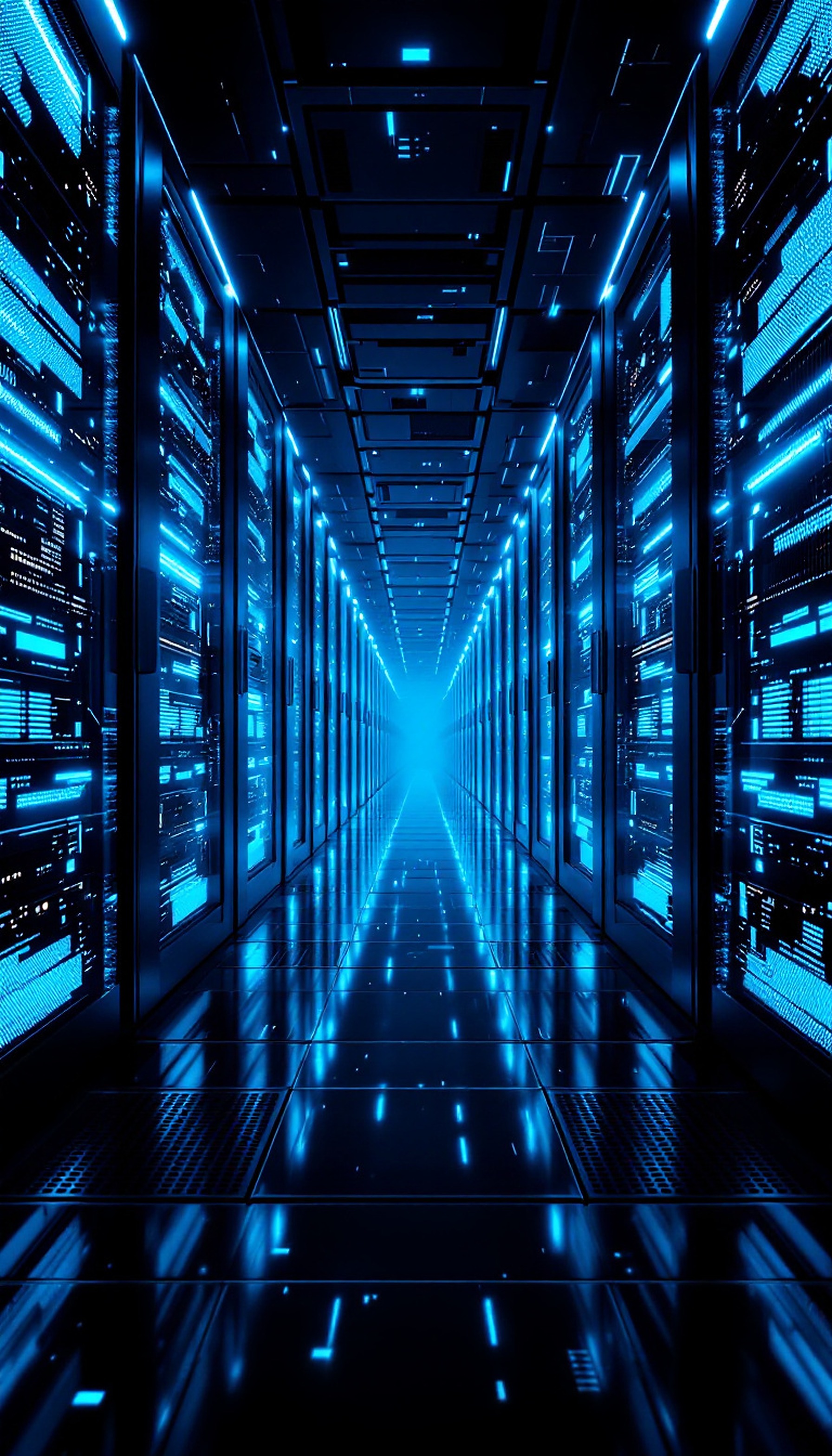 Neon Blue Server Room Data Center Corridor, server room, data center, futuristic, neon blue, technology, cyberpunk