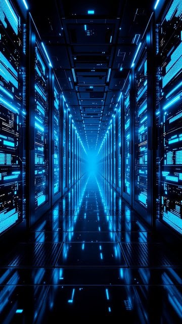 Neon Blue Server Room Data Center Corridor