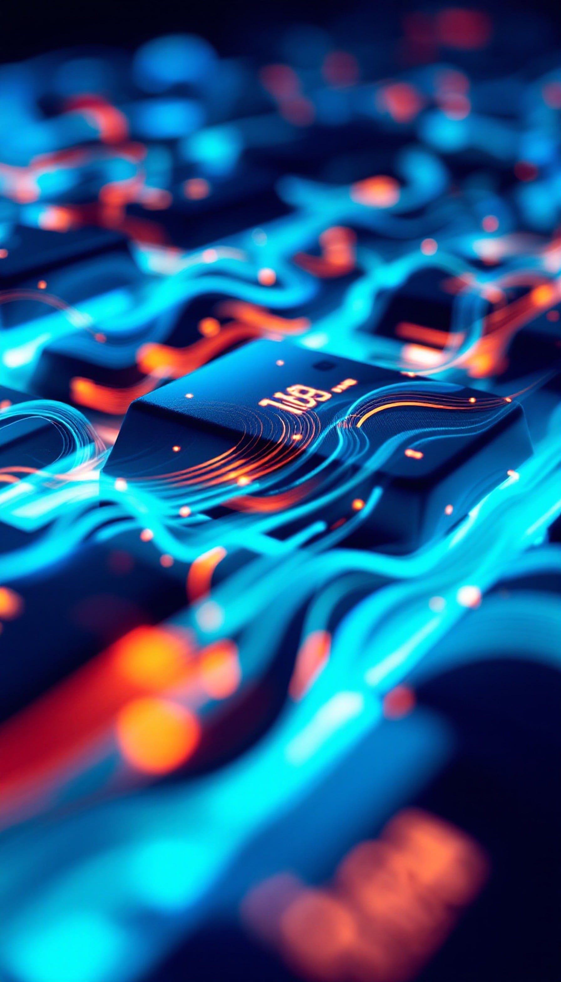 Cybernetic Circuit Board with Glowing Wires, cybernetic, circuit board, glowing lines, abstract tech, blue orange, futuristic