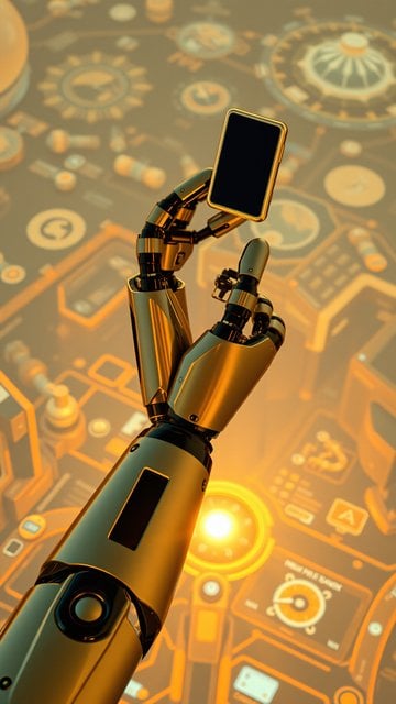 Golden Robot Arm Holding Phone, Sci-Fi Tech
