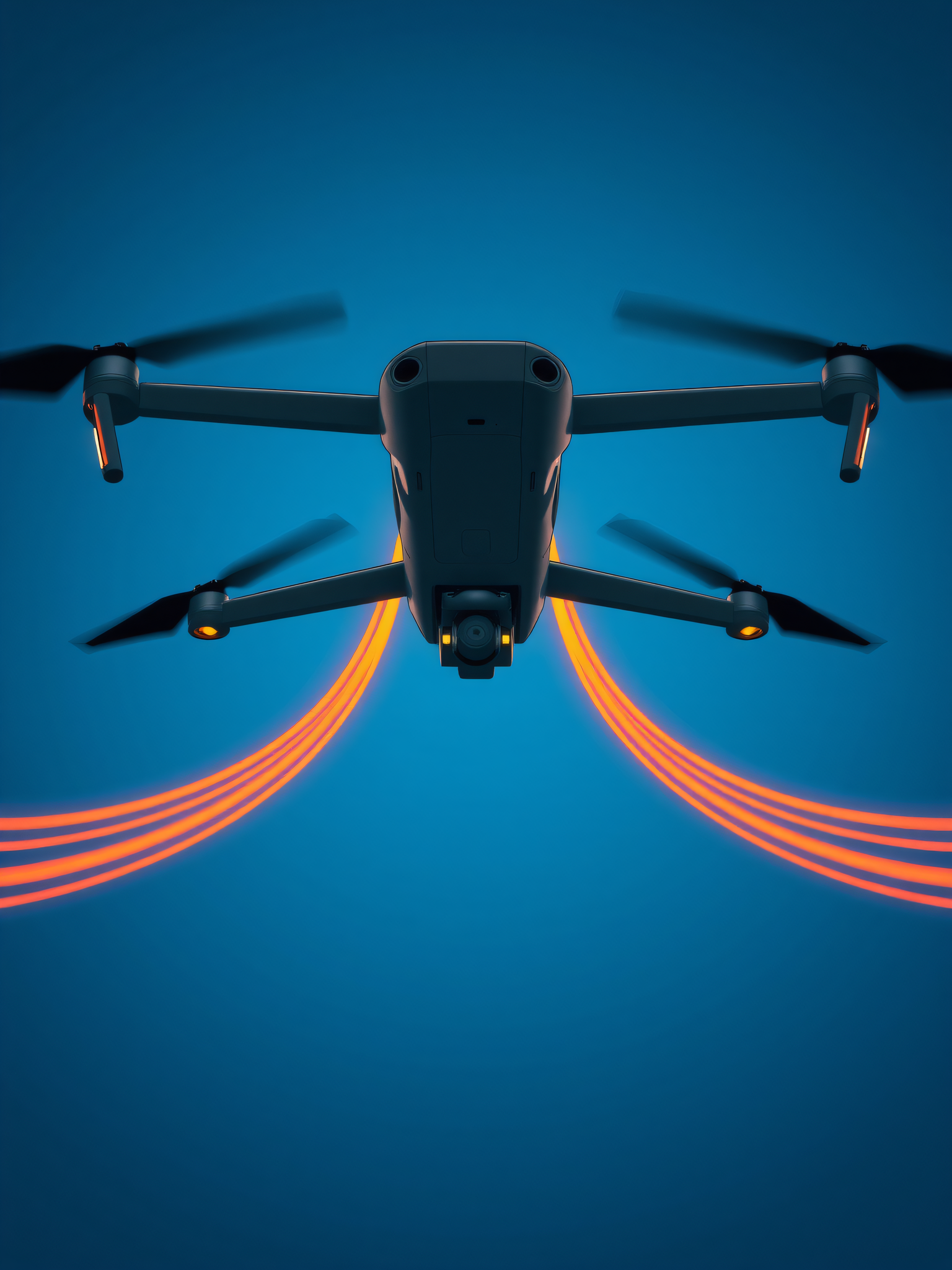 Modern Drone with Orange Trails on Deep Blue, drone, technology, futuristic, blue, orange, glowing