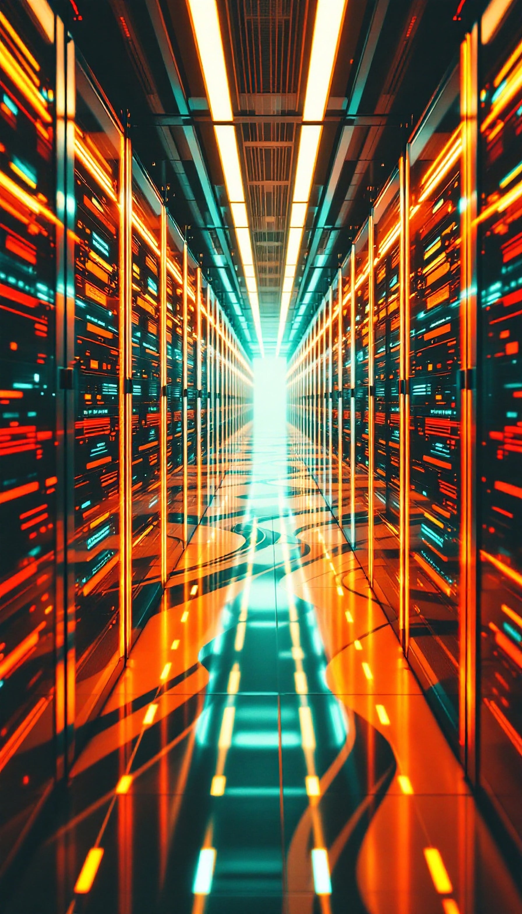 Futuristic Server Room Glowing Data Stream, server room, data center, futuristic, cyberpunk, neon lights, abstract