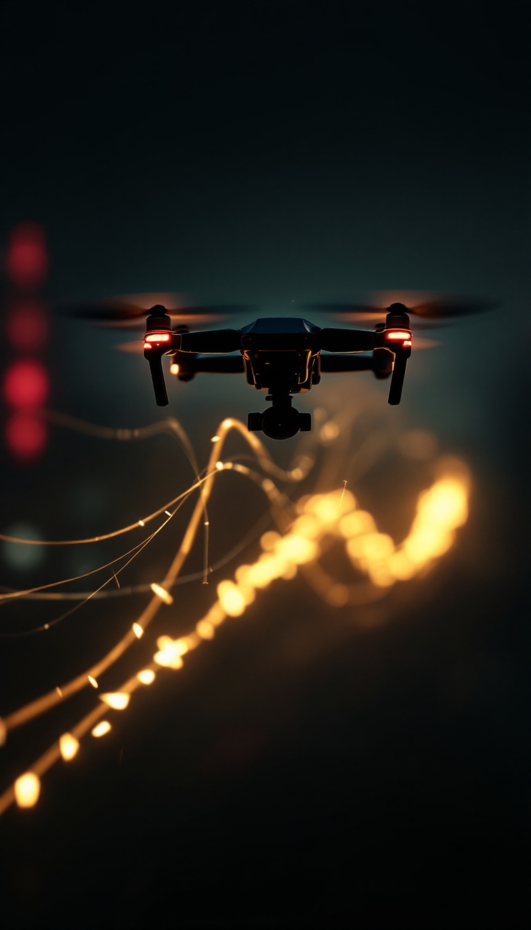 Night Drone Flight with Golden Light Trails, drone, technology, night, light trails, futuristic, dark aesthetic