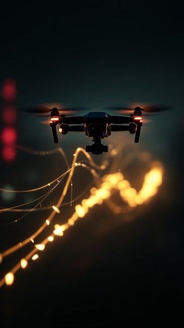 Night Drone Flight with Golden Light Trails