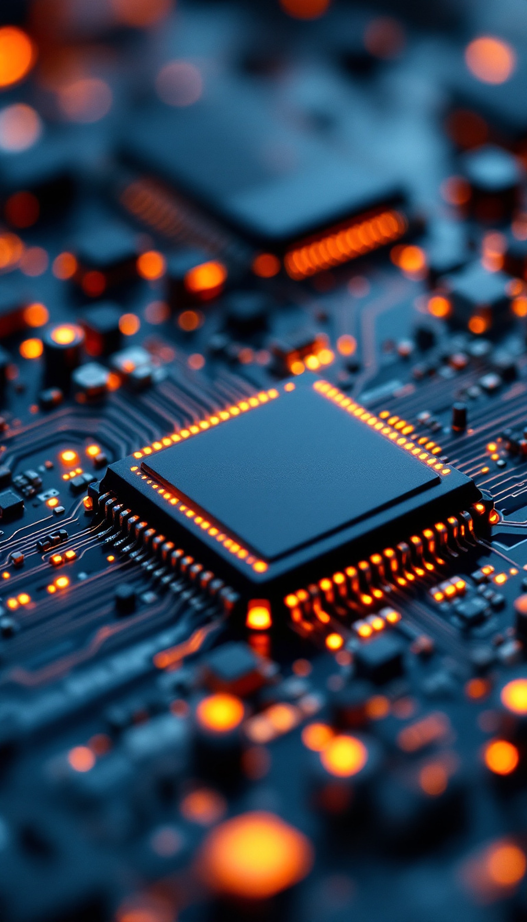 Glowing Circuit Board Microchip Wallpaper, circuit board, microchip, technology, orange glow, blue, dark