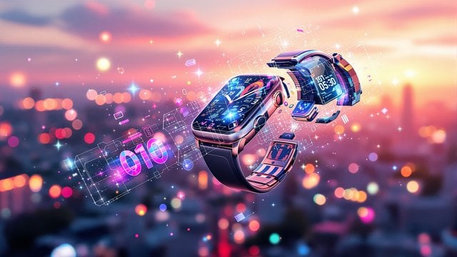 Futuristic Smartwatch Digital Cityscape Wallpaper