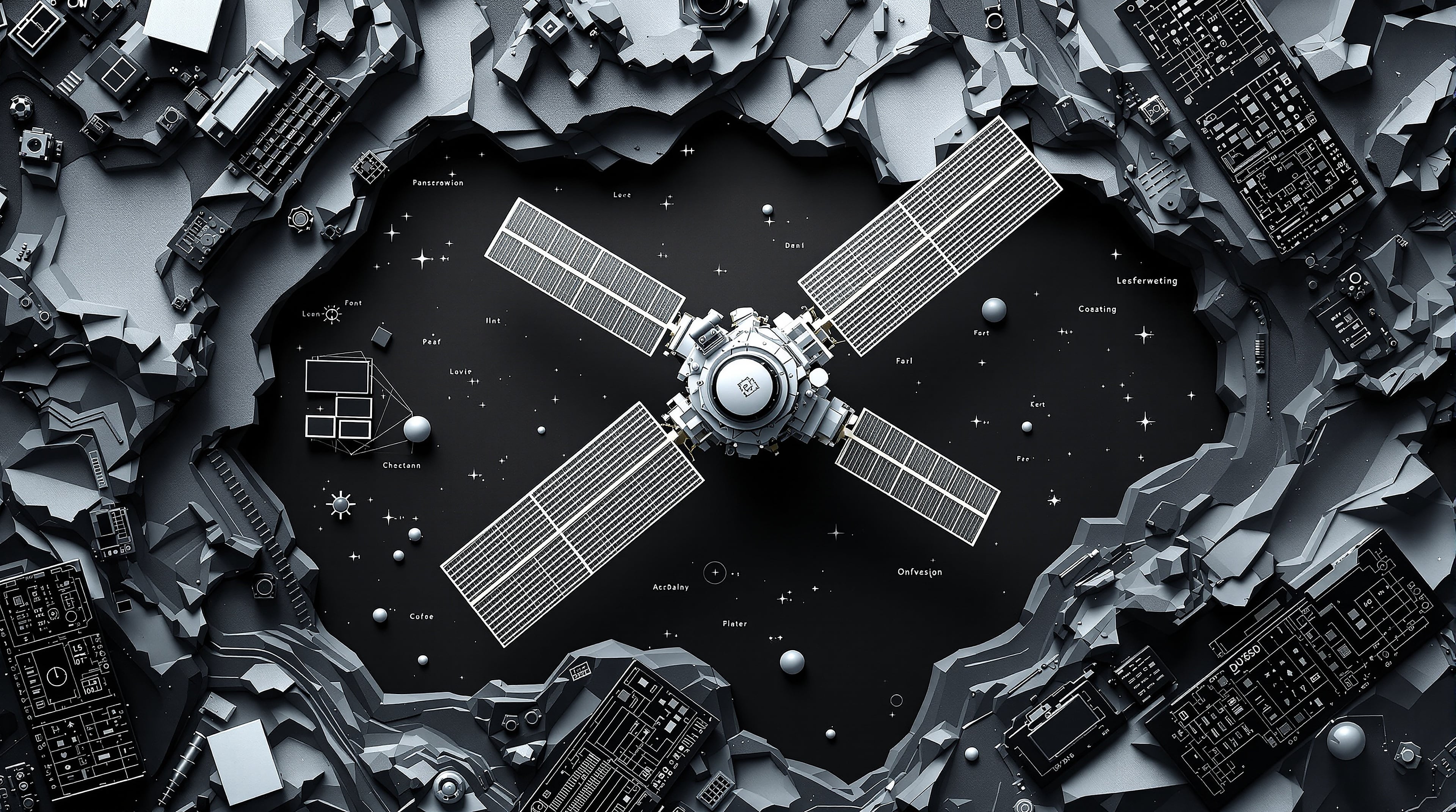 Satellite Orbiting Grey Sci-Fi Terrain Wallpaper, satellite, space, sci-fi, monochromatic, grey, 3d render