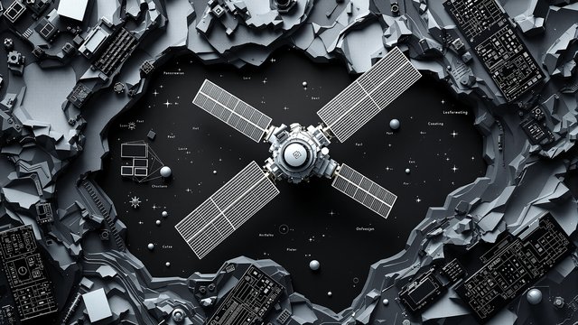 Satellite Orbiting Grey Sci-Fi Terrain Wallpaper