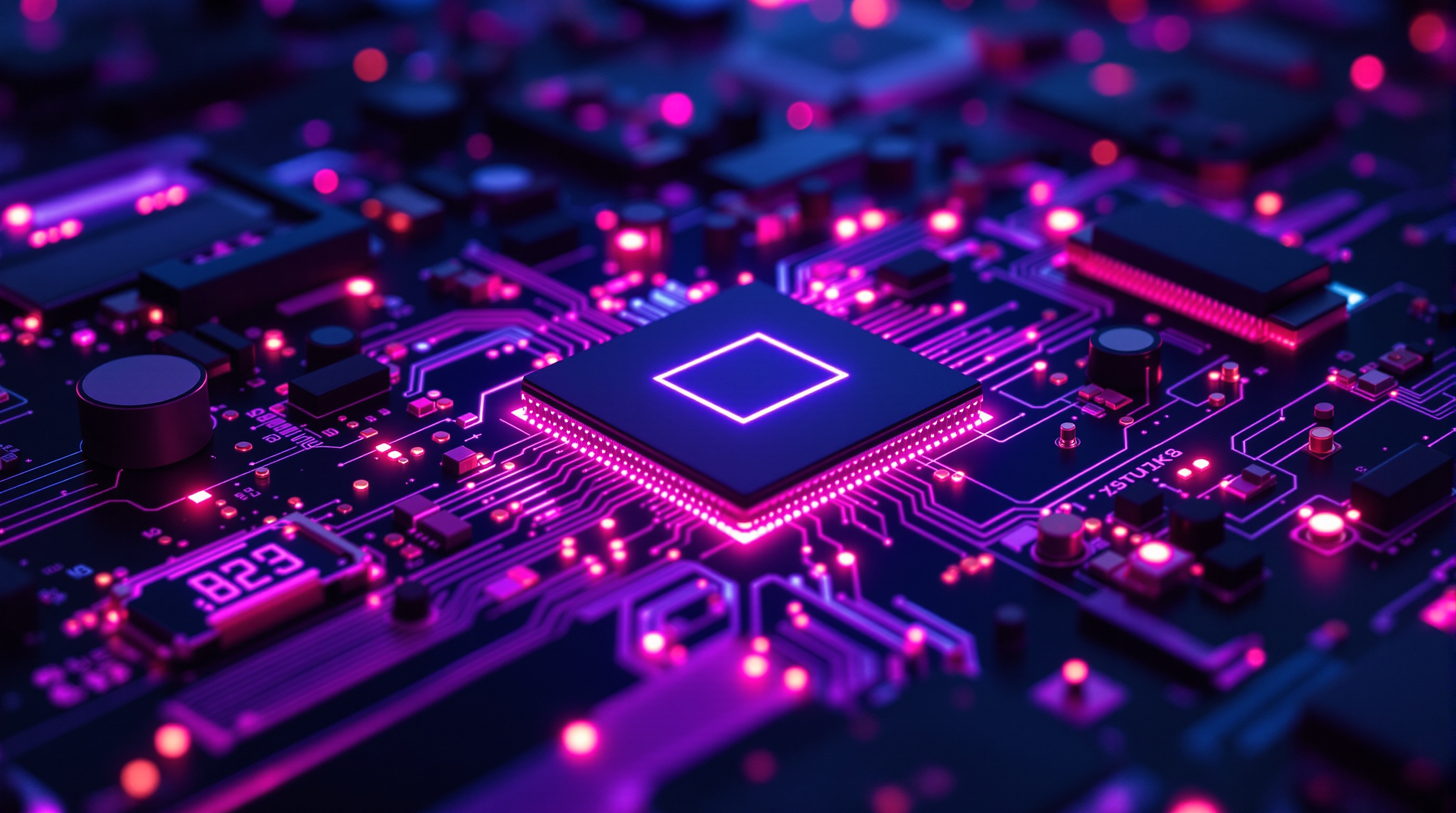 Neon Pink Purple Circuit Board CPU Wallpaper, circuit board, cpu, neon lights, pink purple, technology wallpaper, cyberpunk