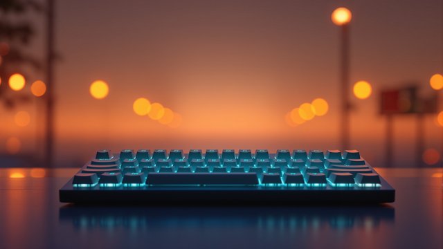 Cyan Backlit Keyboard Sunset Bokeh Wallpaper