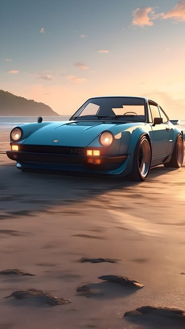 Retro Teal Sports Car Beach Sunset Wallpaper
