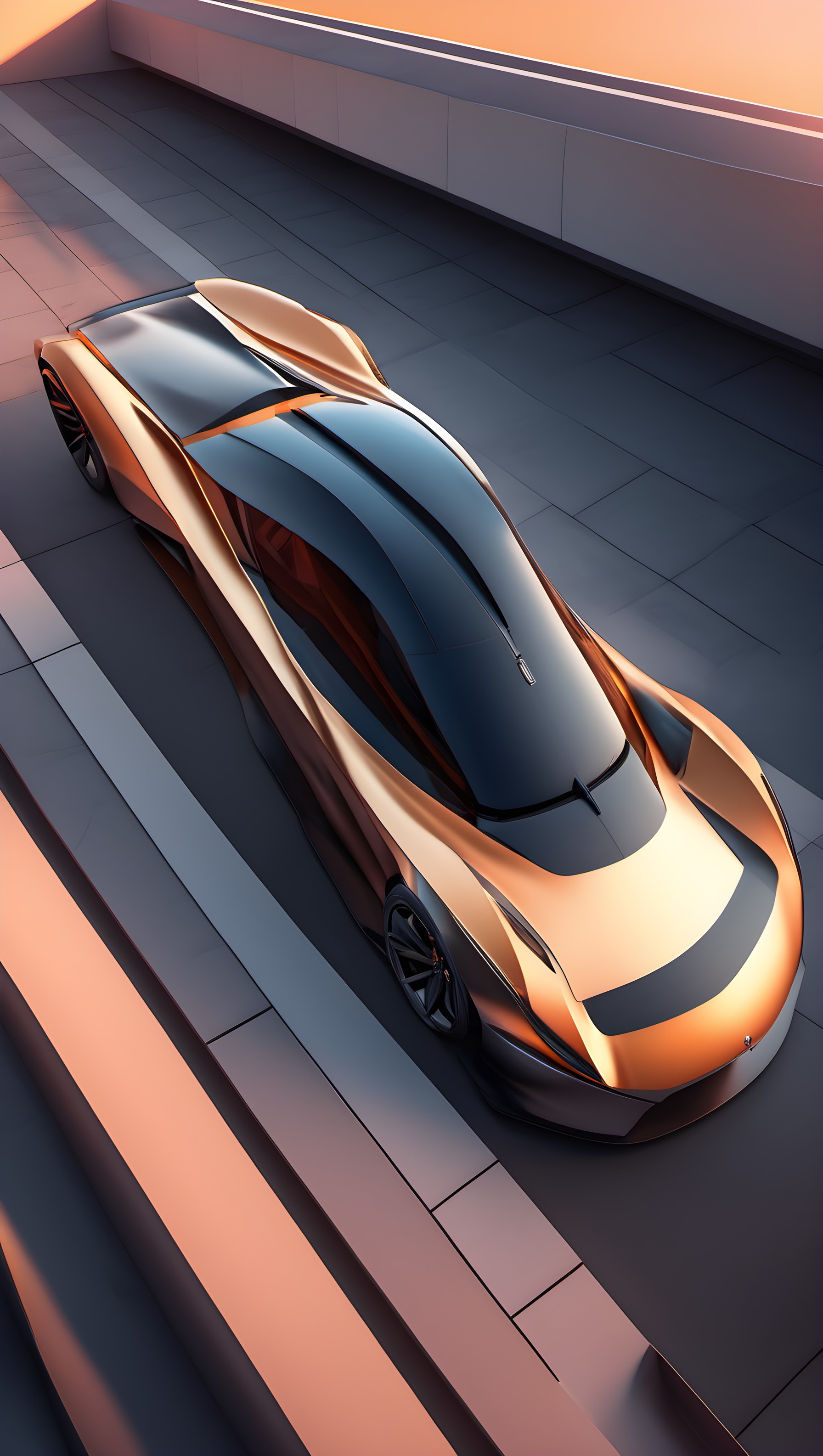 Futuristic Metallic Copper Sports Car Wallpaper, futuristic car, luxury vehicle, sports car, metallic copper, golden hour, modern architecture