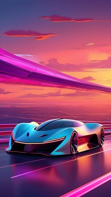 Futuristic Neon Sports Car Sunset Drive Wallpaper