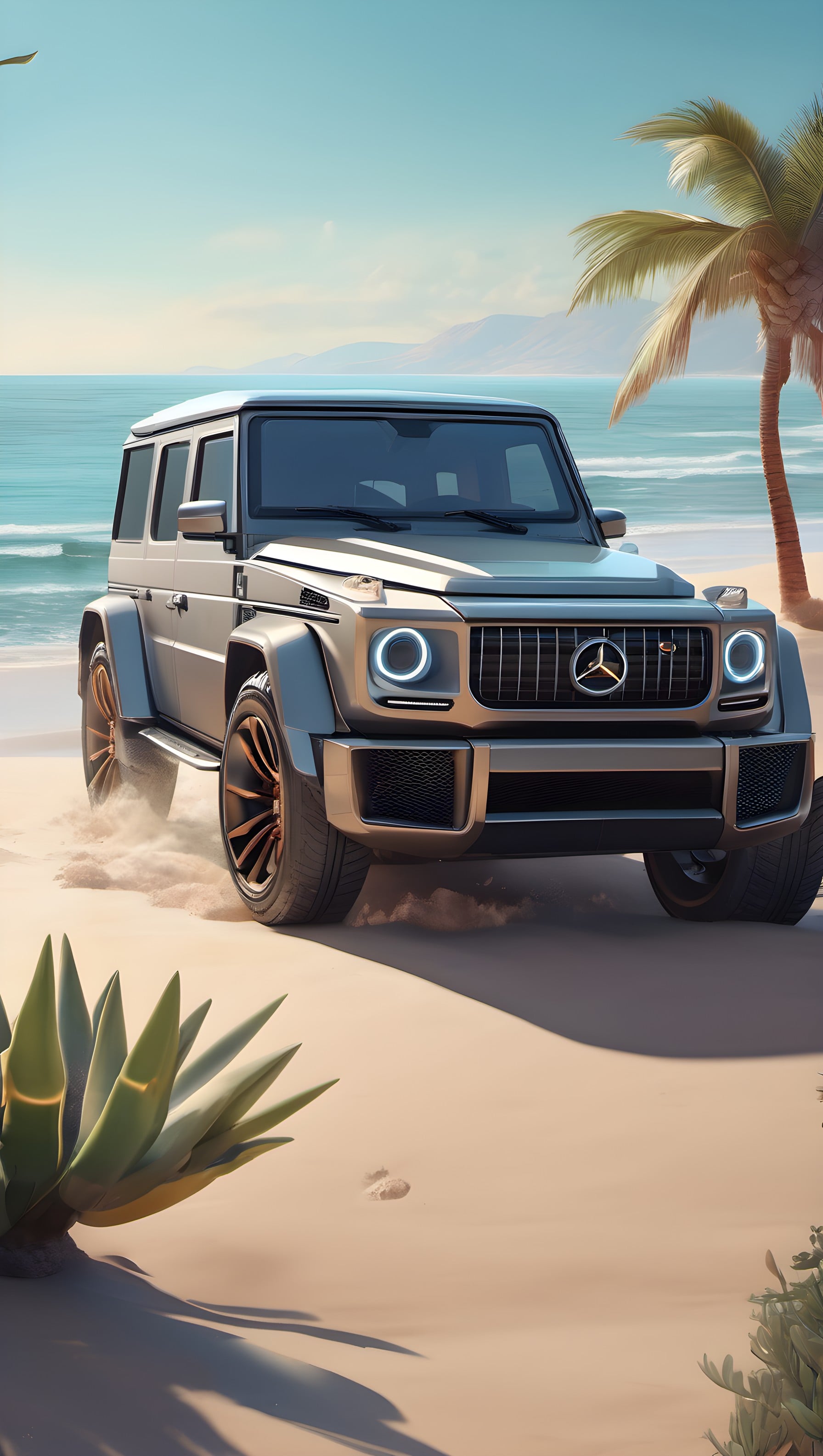 Silver G-Wagen SUV Beach Drive Aesthetic Wallpaper, g-wagen, mercedes benz, suv, luxury car, beach, tropical