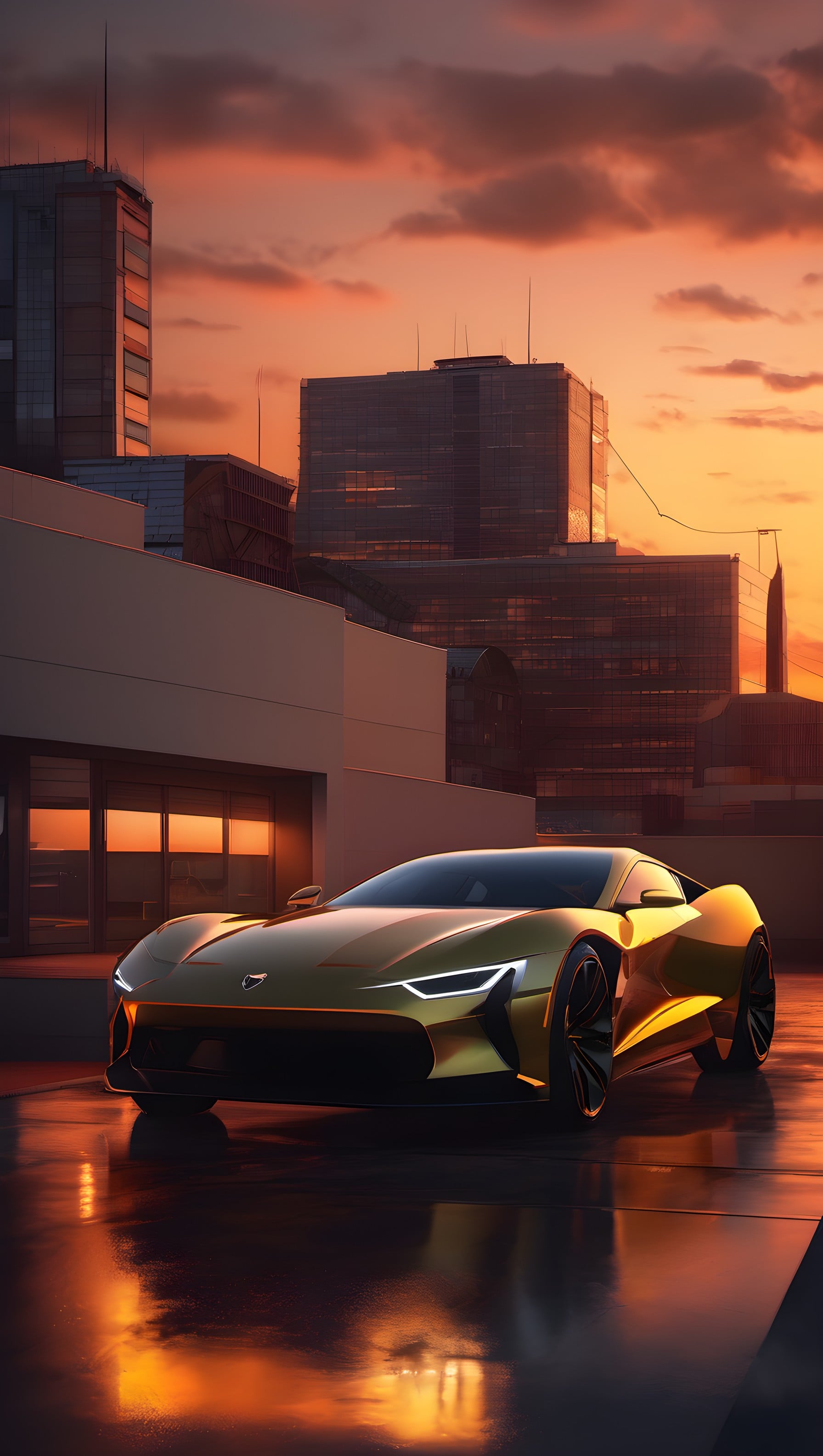 Golden Supercar Sunset City Mobile Wallpaper, supercar, luxury car, golden car, sunset, cityscape, urban