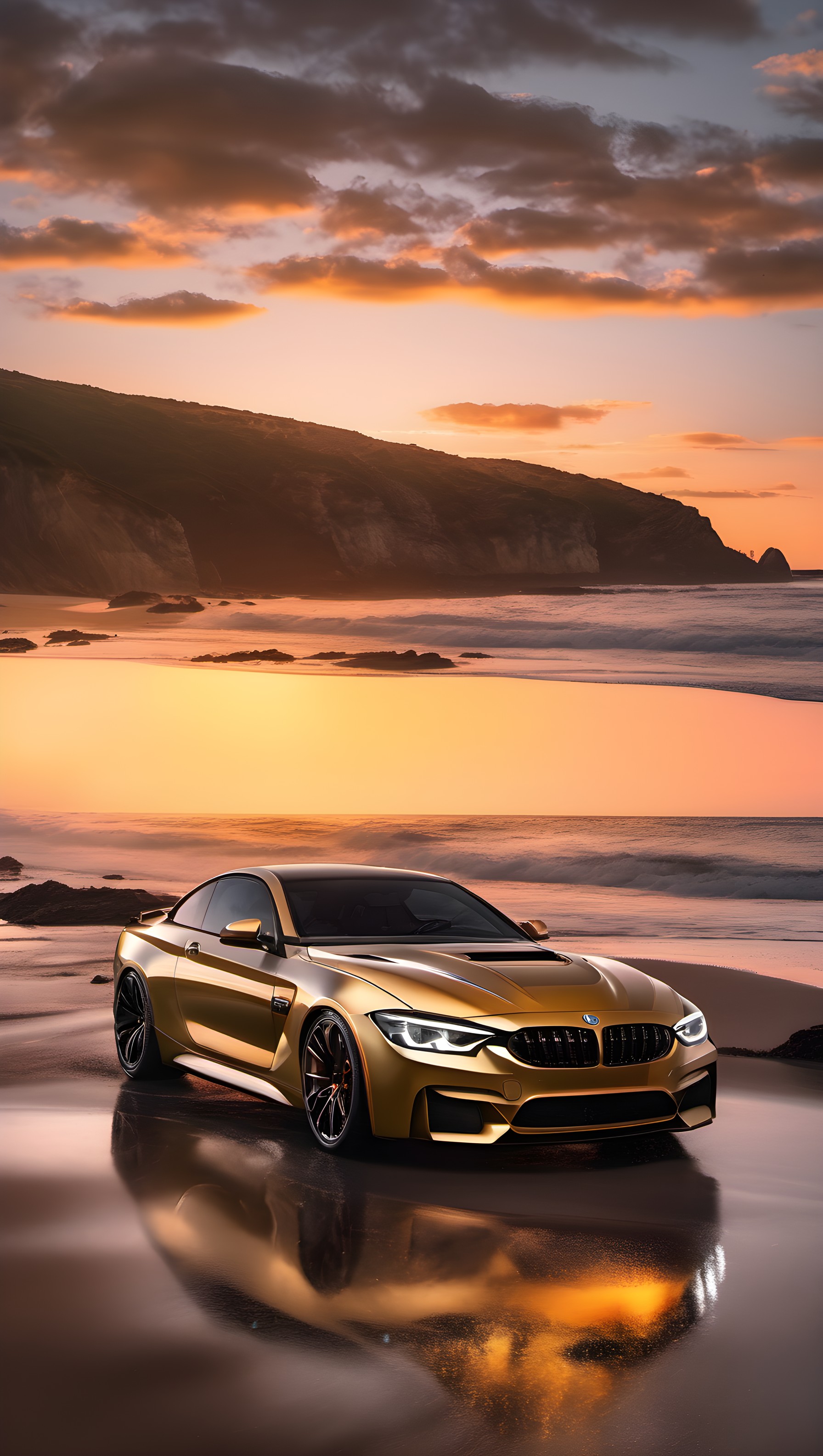 Golden Sports Car Sunset Beach Wallpaper, golden car, sports car, luxury car, bmw m4, sunset beach, coastal