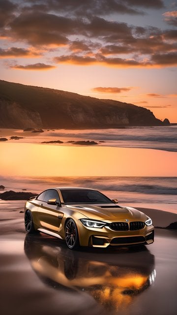 Golden Sports Car Sunset Beach Wallpaper