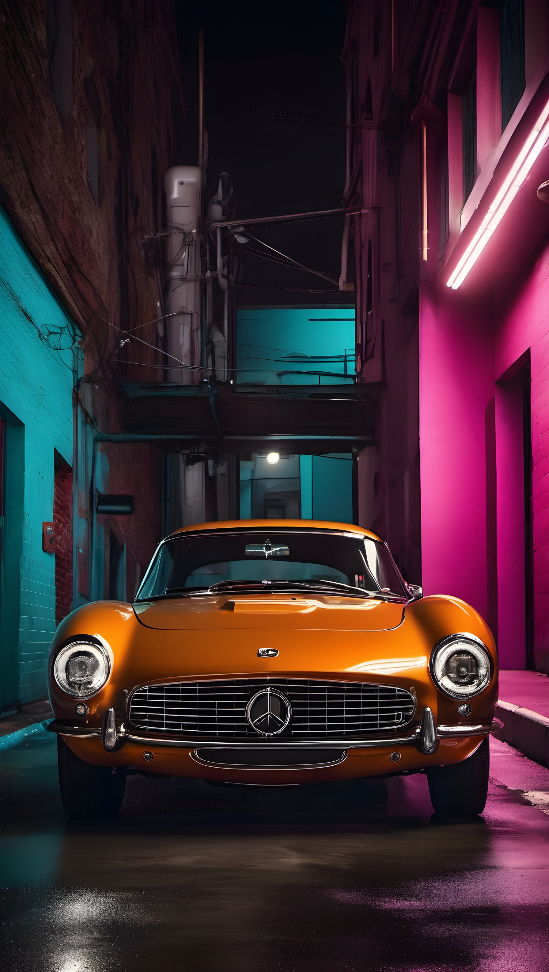 Orange Classic Car Neon Alley Wallpaper, classic car, vintage car, mercedes, neon lights, cyberpunk, urban night
