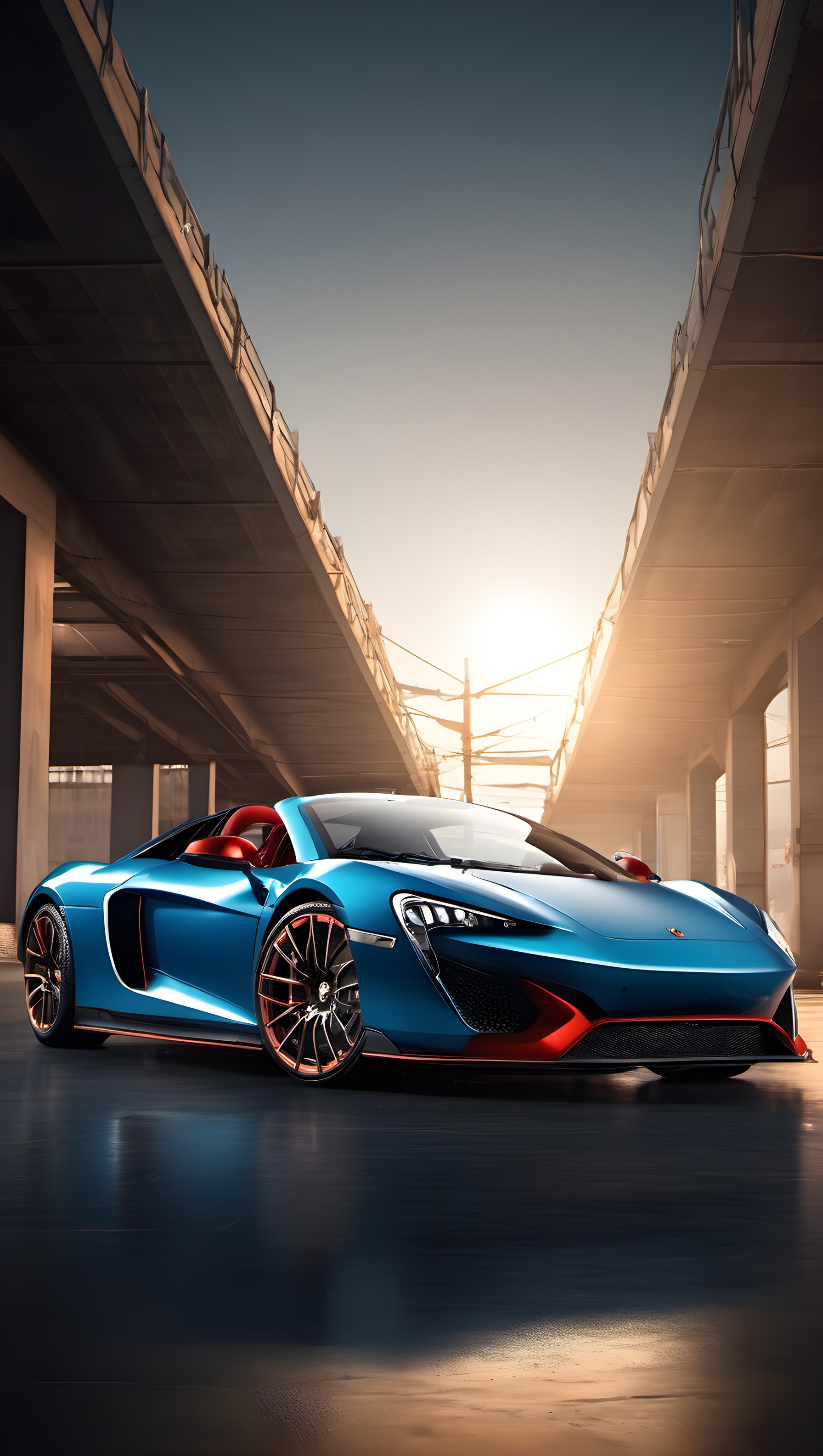 Blue Supercar Under Bridge at Golden Hour, supercar, sports car, blue car, red accents, urban, golden hour