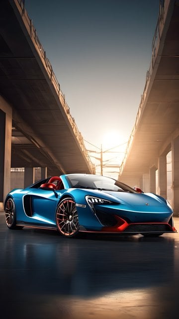 Blue Supercar Under Bridge at Golden Hour