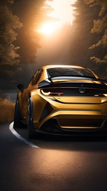 Golden Sports Car Driving Through Sunset Forest