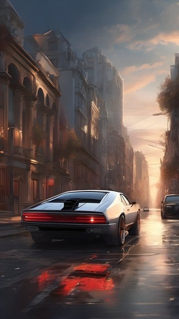 Sleek Sports Car on Urban Street at Sunset