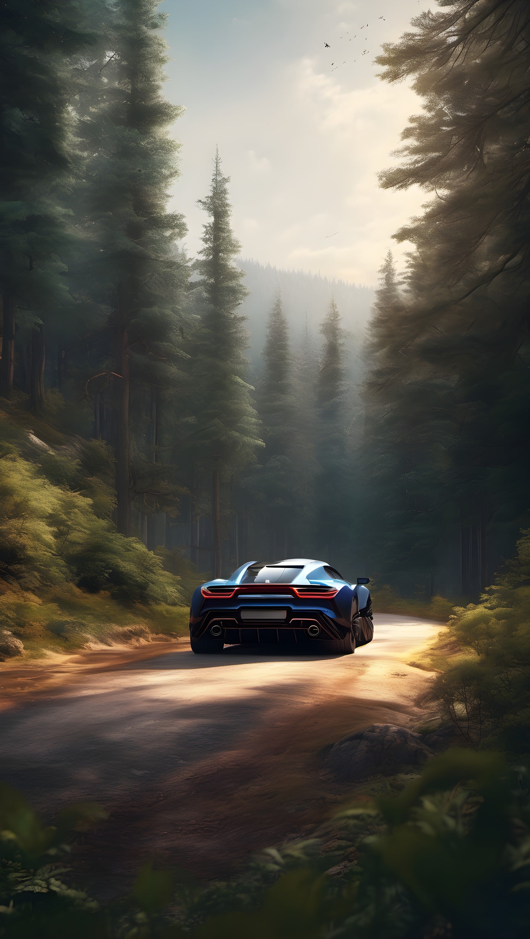 Sleek Sports Car on Misty Forest Road Wallpaper, sports car, forest, misty, road trip, nature, automotive