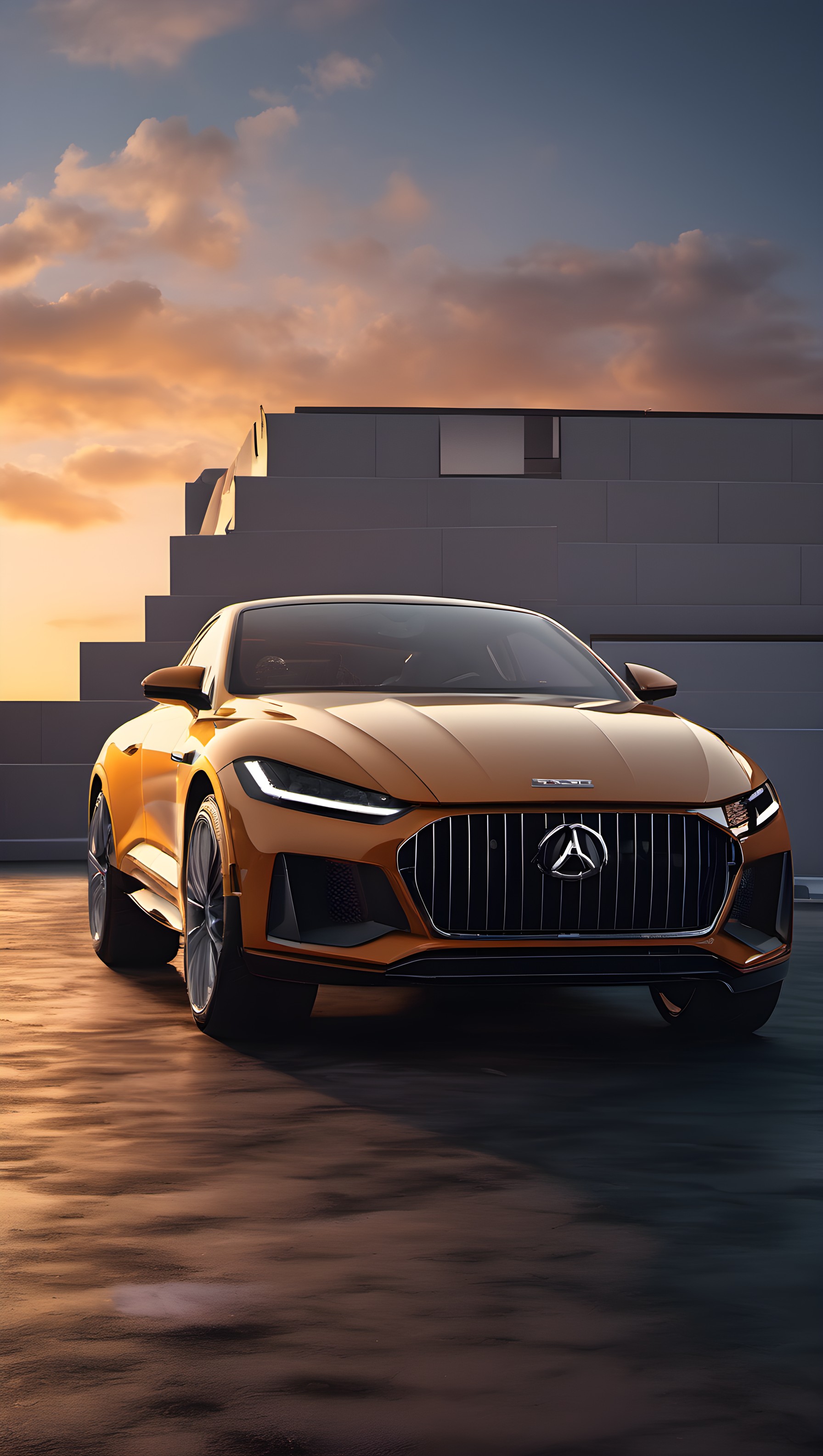 Luxury Orange Concept Car at Golden Hour Sunset, concept car, luxury car, orange car, sunset, golden hour, modern architecture