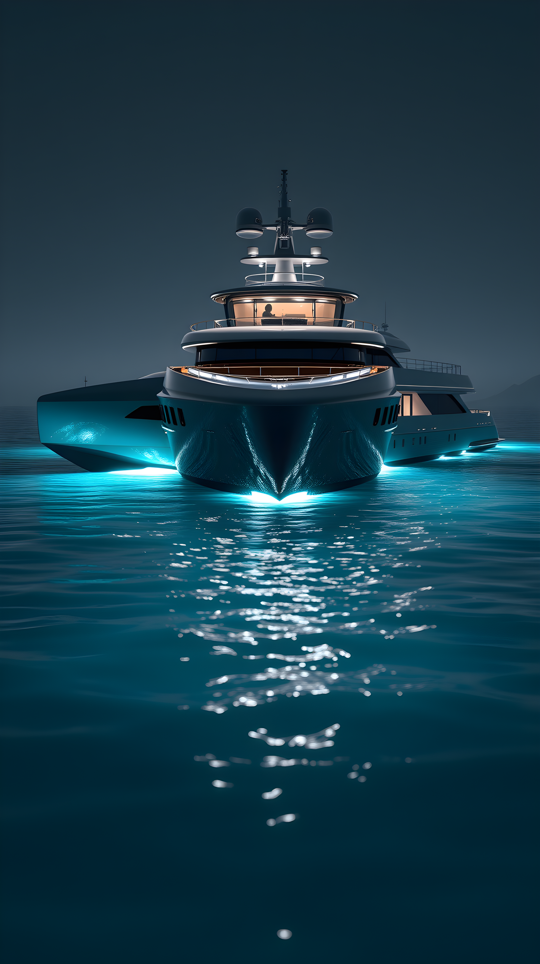 Luxury Yacht Night Ocean Glow Phone Wallpaper, luxury yacht, night ocean, aqua glow, modern boat, marine, dark aesthetic
