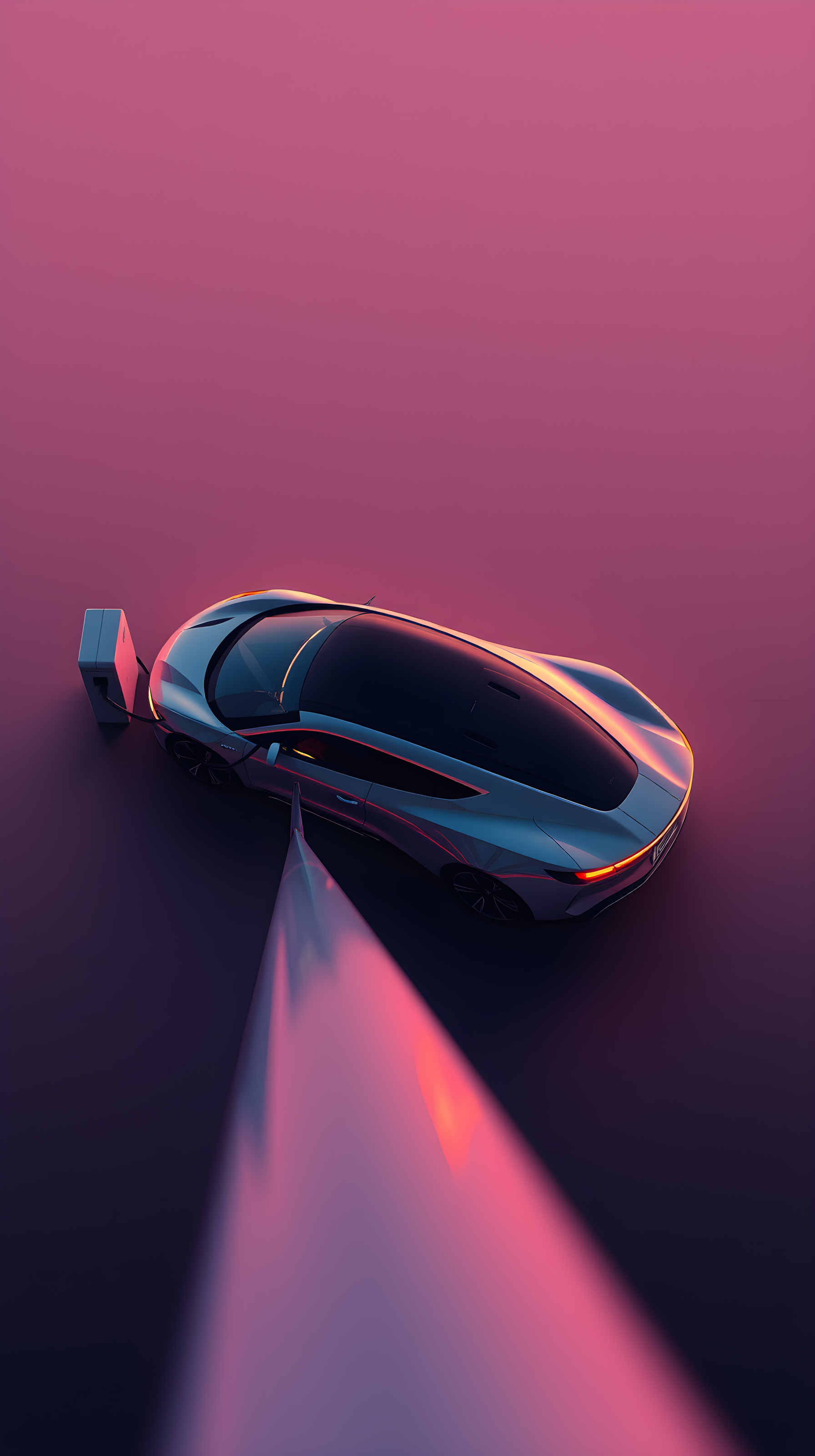 Futuristic Electric Car Charging Aesthetic Wallpaper, electric car, ev charging, futuristic, concept art, pink purple glow, minimalist