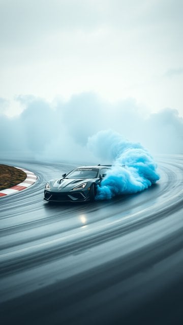Dynamic Sports Car Drift with Blue Smoke on Track