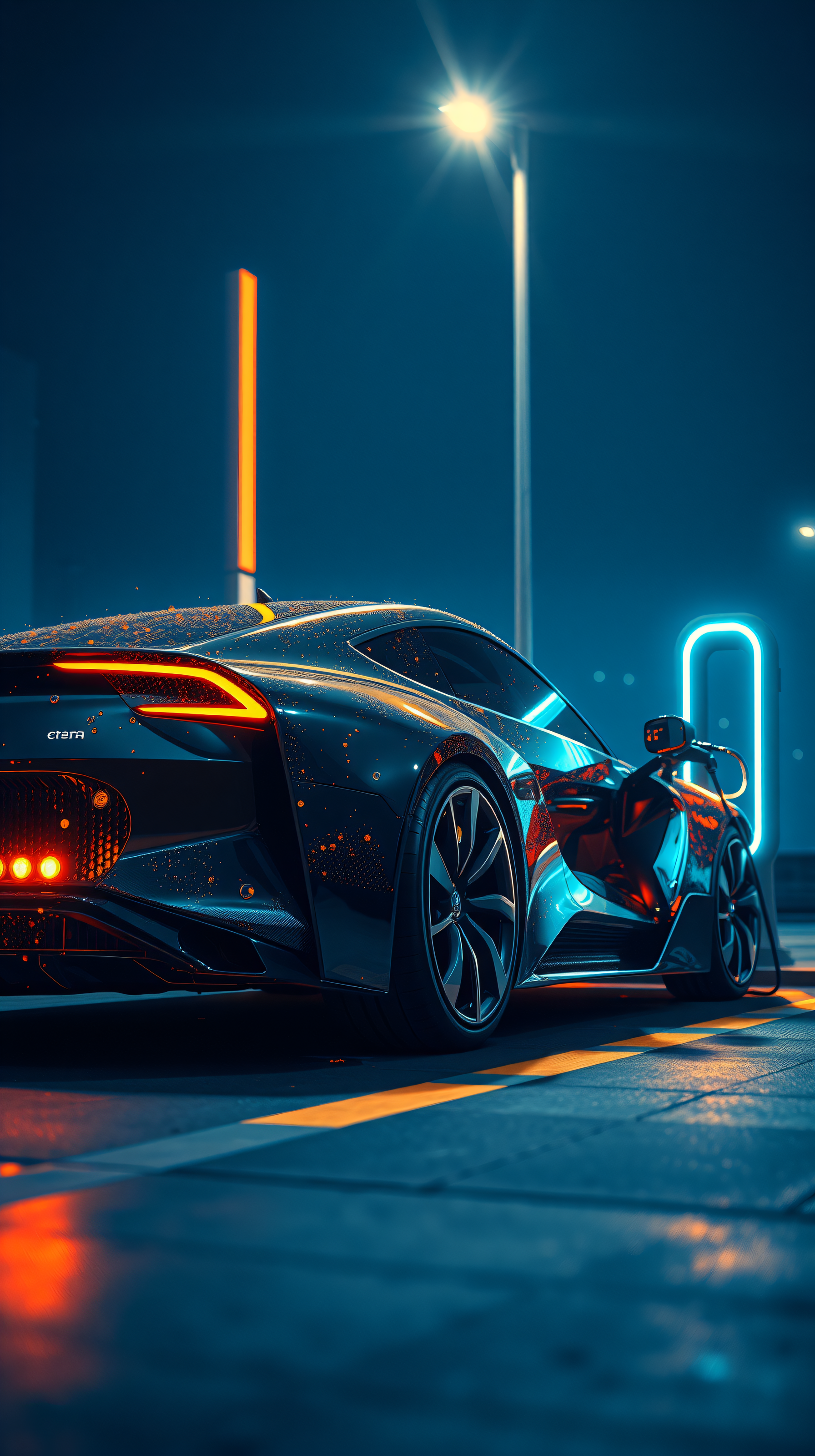 Futuristic Sports Car Charging Neon Night Wallpaper, futuristic car, sports car, neon lights, cyberpunk, night, electric car