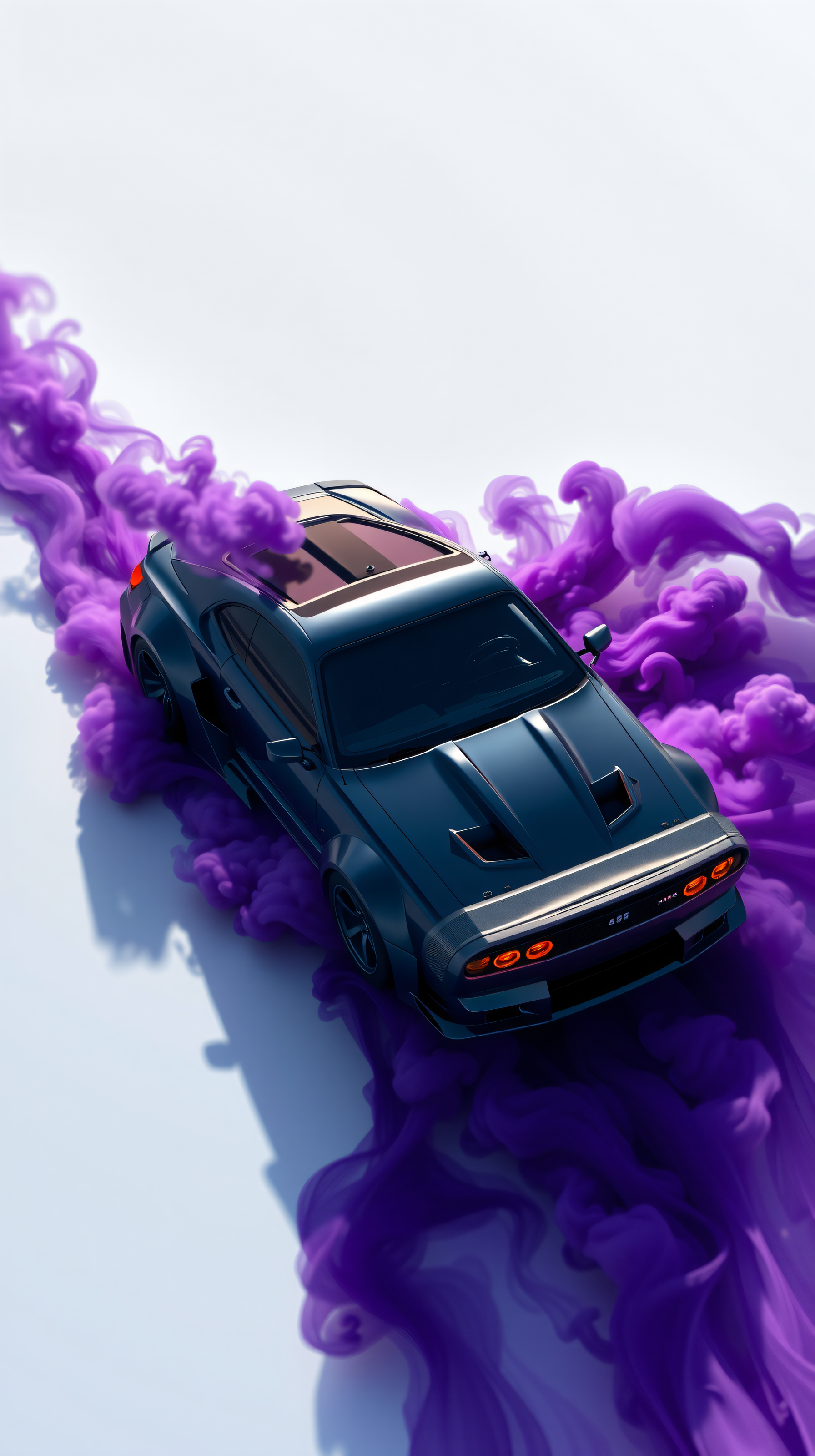 Sleek Dark Sports Car in Vibrant Purple Smoke Wallpaper, sports car, purple smoke, luxury car, digital art, aesthetic wallpaper, phone background