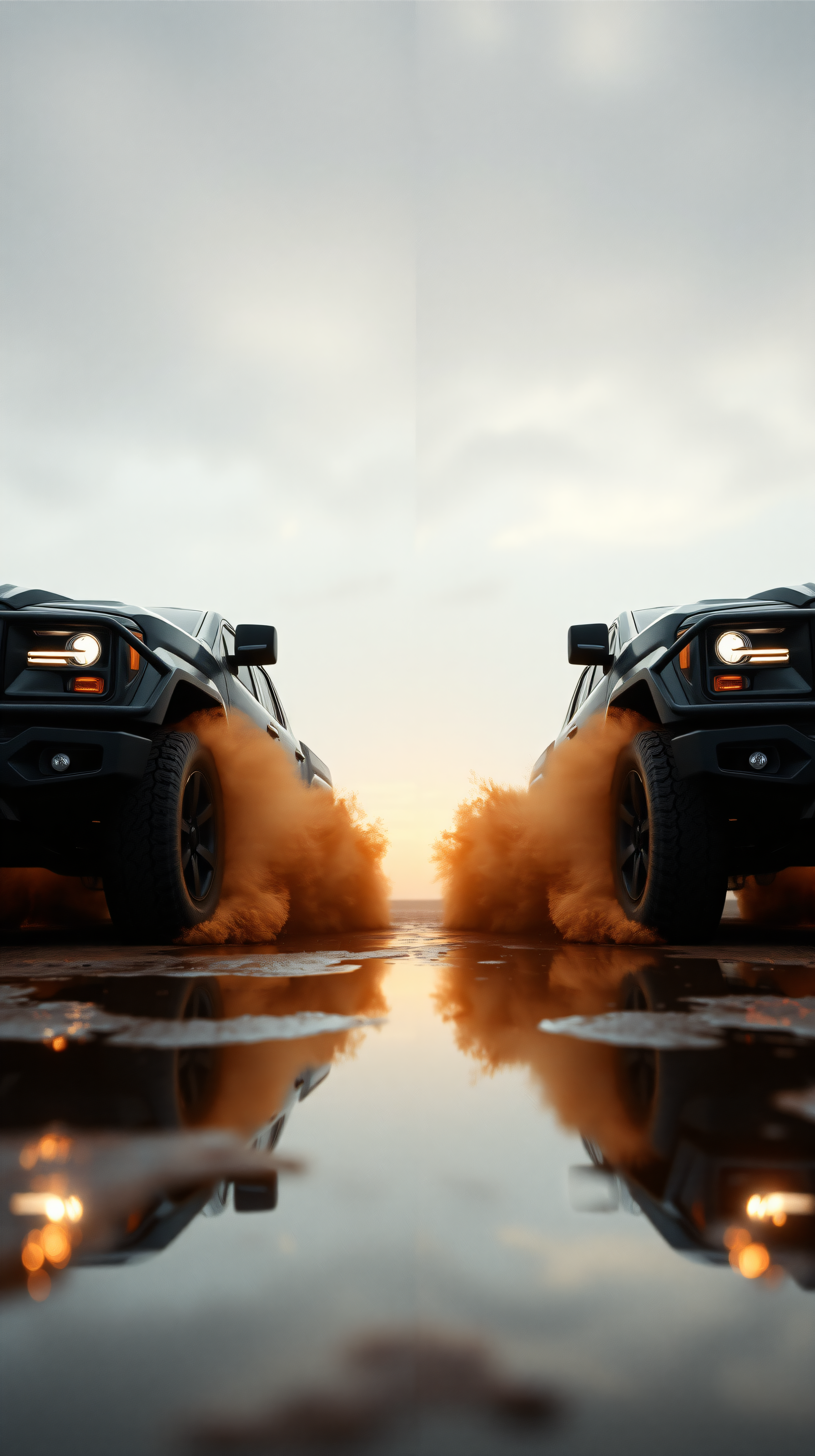 Dual Off-Road Trucks Kicking Dust at Sunset, offroad, trucks, dust, sunset, dynamic, action