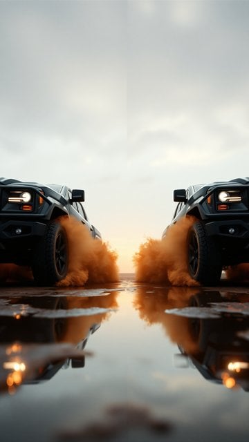 Dual Off-Road Trucks Kicking Dust at Sunset