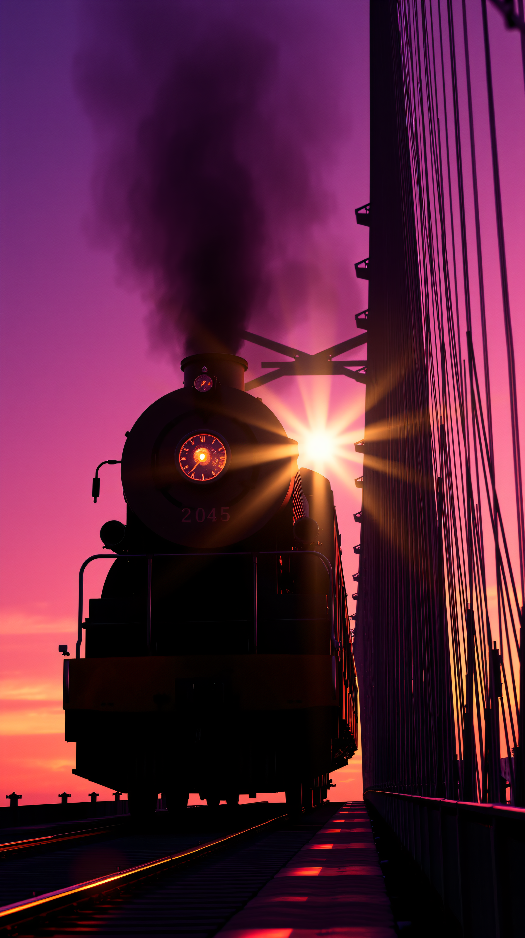 Dramatic Purple Sunset Steam Train on Bridge, steam train, locomotive, bridge, purple sunset, magenta sky, orange glow