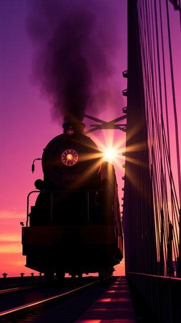 Dramatic Purple Sunset Steam Train on Bridge