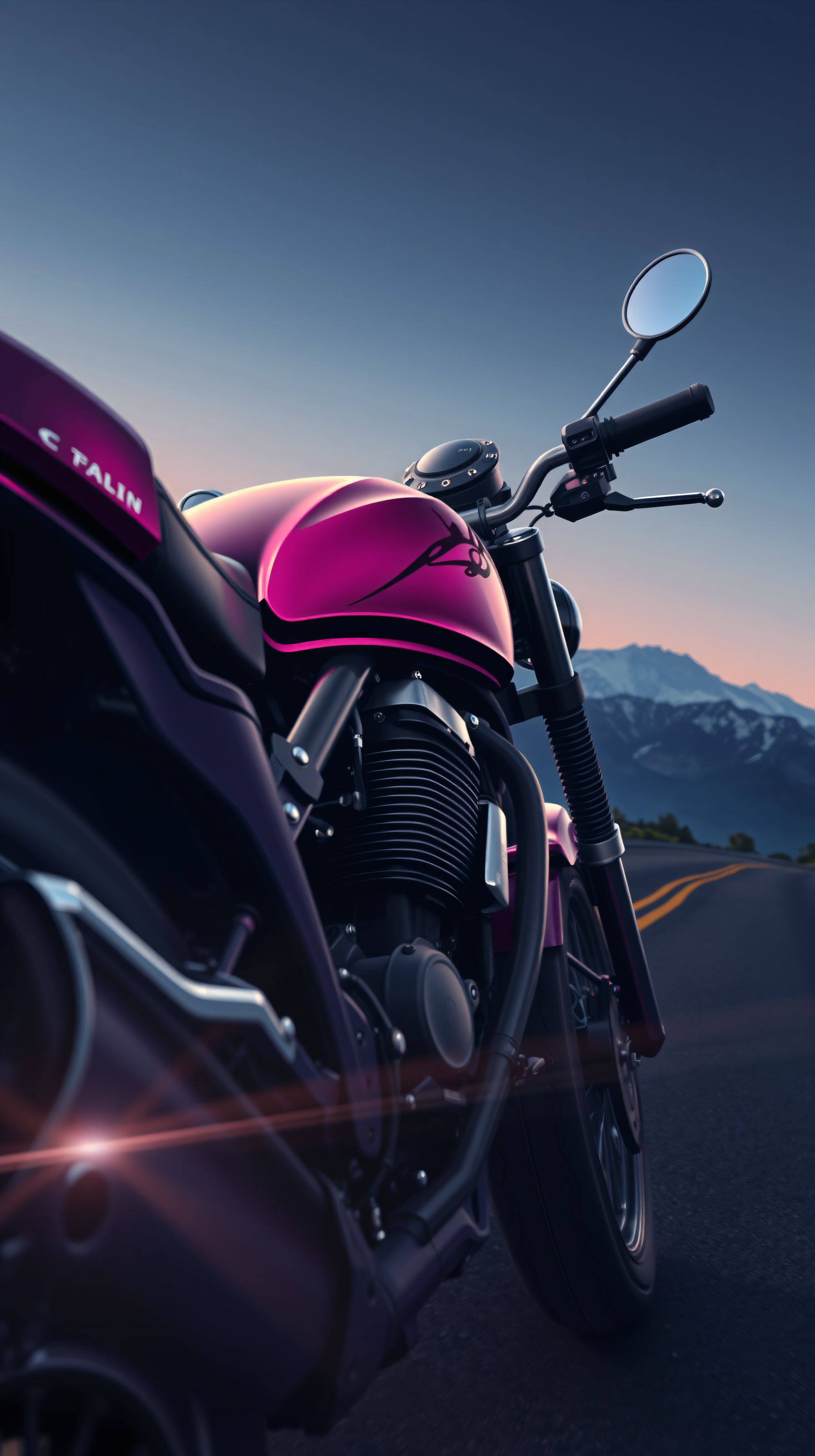 Vibrant Magenta Motorcycle at Twilight Mountain Road, motorcycle, magenta, pink, twilight, mountains, road