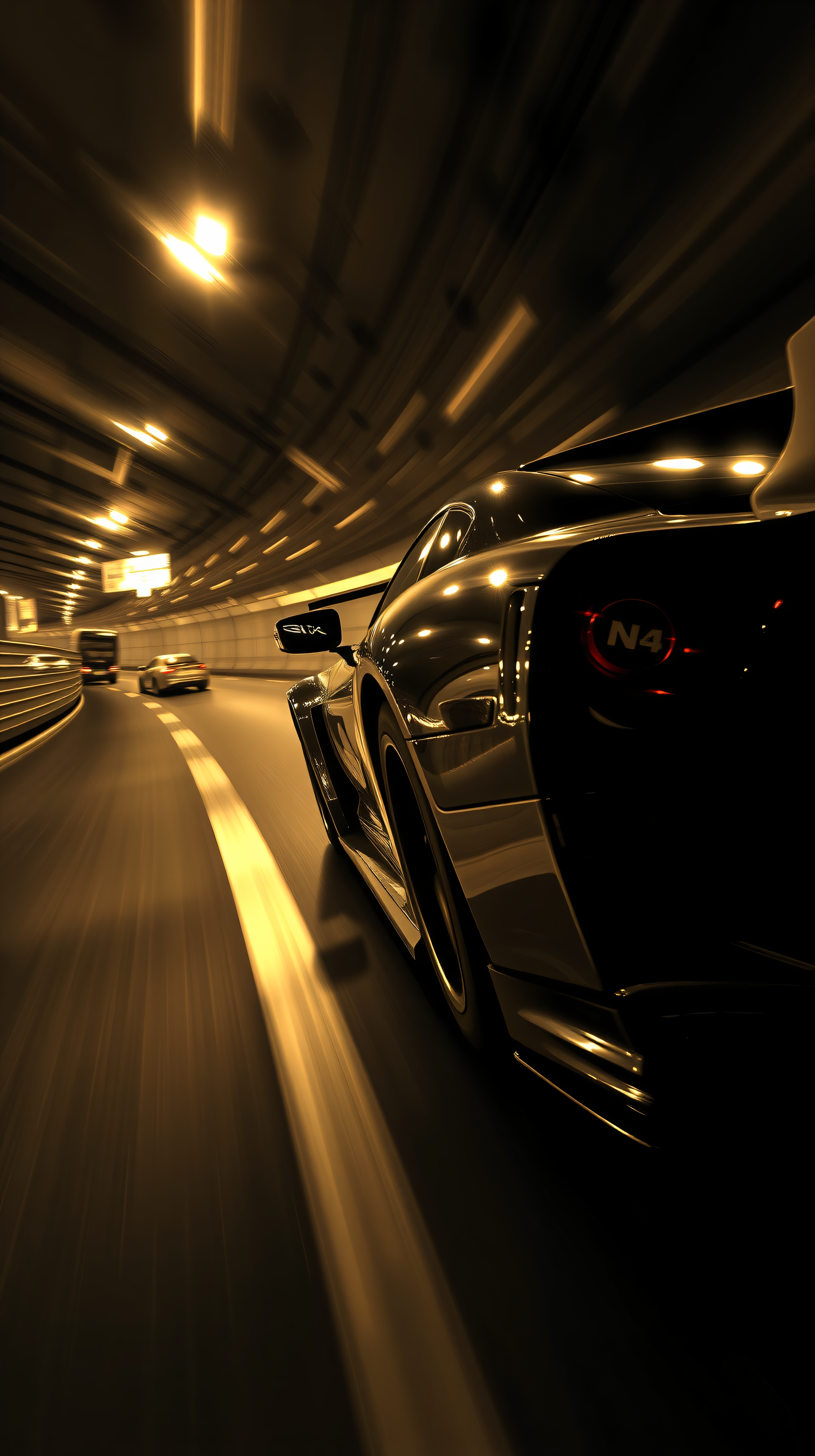 Sleek Sports Car Speeding Through Golden Lit Tunnel, sports car, car, tunnel, speed, motion blur, golden light