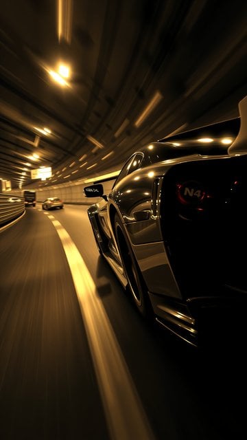 Sleek Sports Car Speeding Through Golden Lit Tunnel