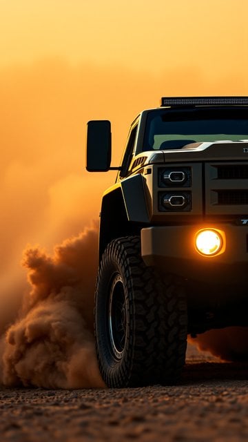 Rugged Off-Road Truck Kicking Dust at Sunset