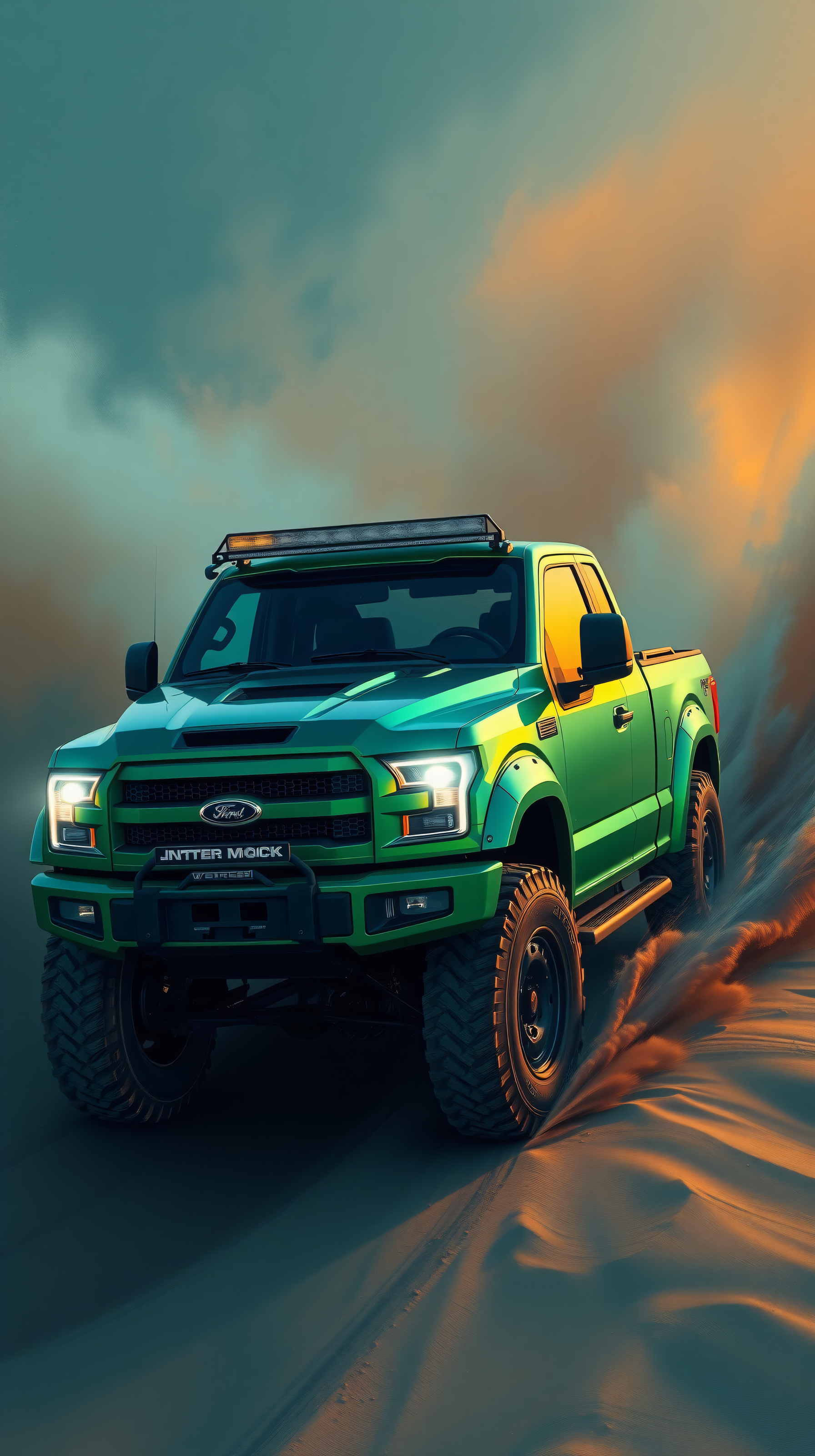 Green Off-Road Truck Desert Adventure Wallpaper, off-road truck, ford f150, green truck, desert, dunes, sunset