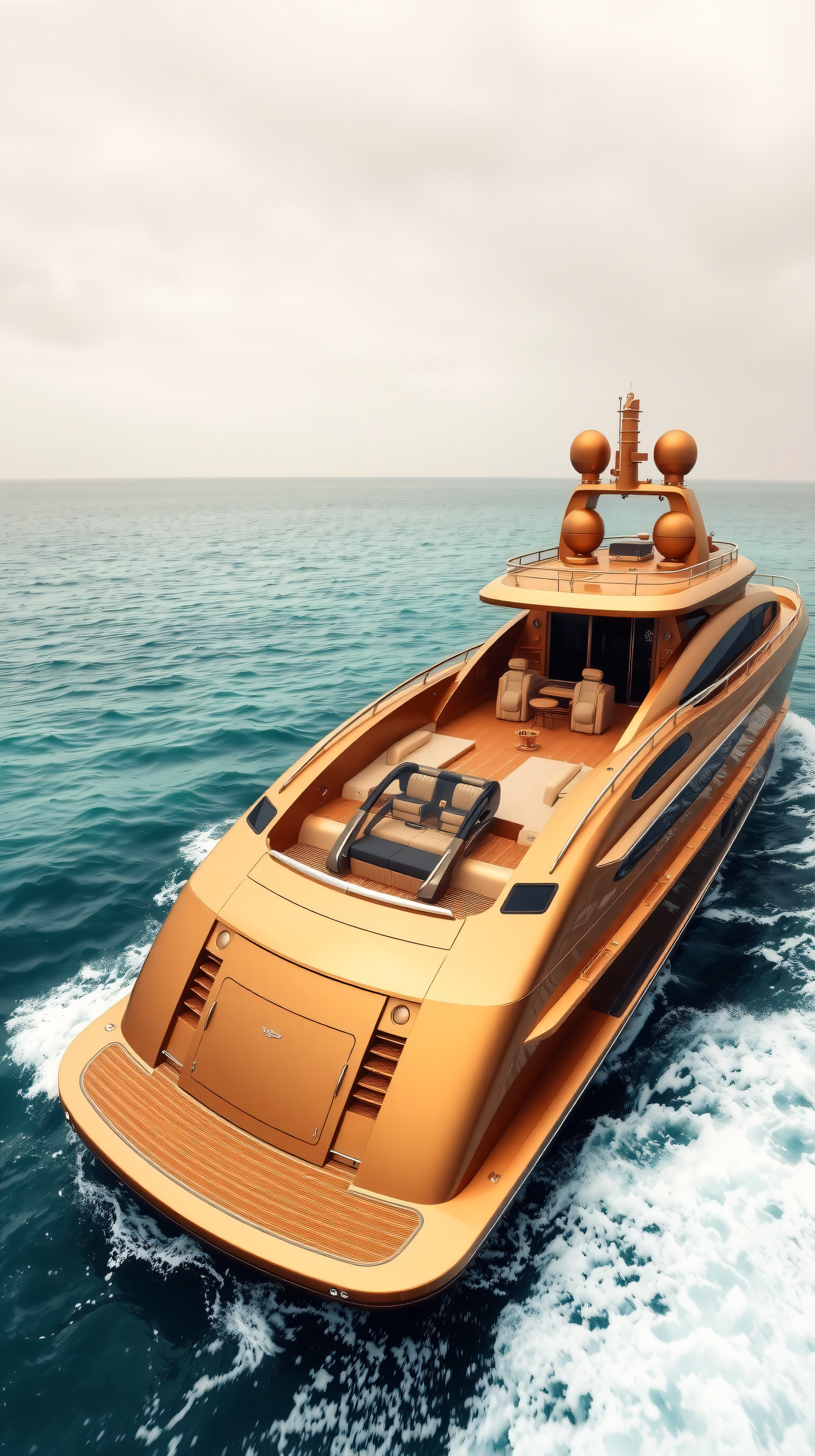 Golden Luxury Yacht on Serene Teal Ocean, luxury yacht, golden boat, ocean, sea, cruise, travel