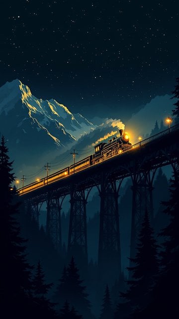 Night Train on Mountain Bridge Wallpaper