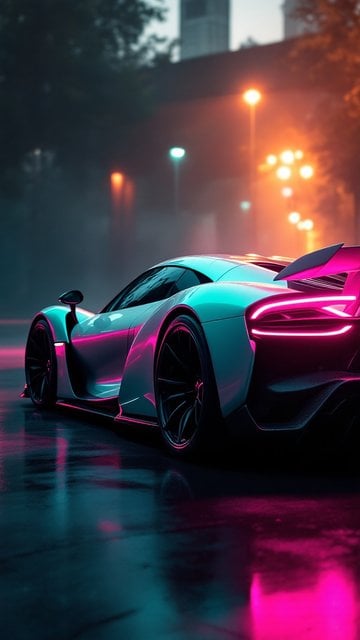 Neon Cyberpunk Sports Car in Rainy City