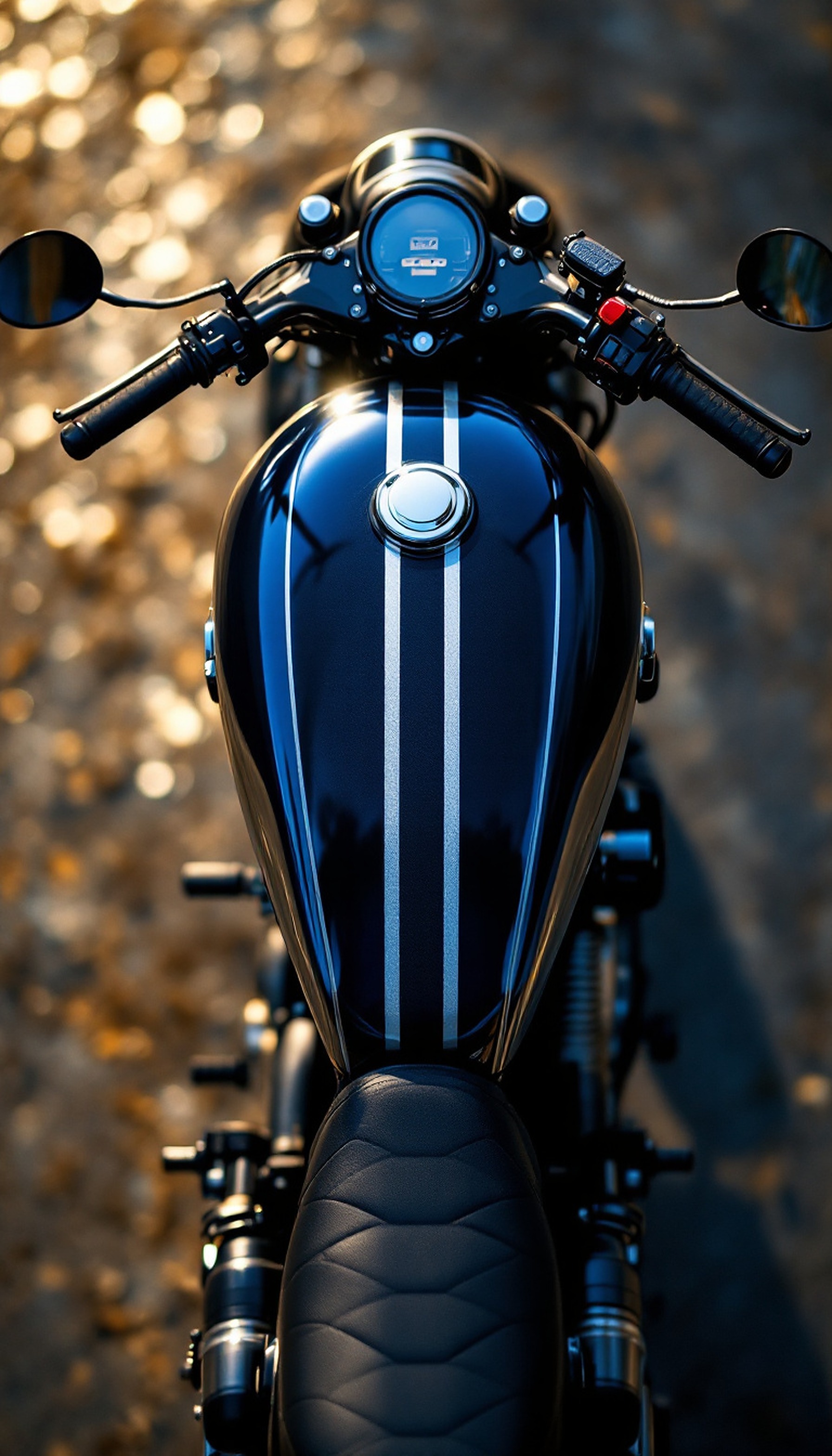 Classic Motorcycle Fuel Tank Wallpaper, motorcycle, classic bike, vintage, dark blue, silver stripes, bokeh