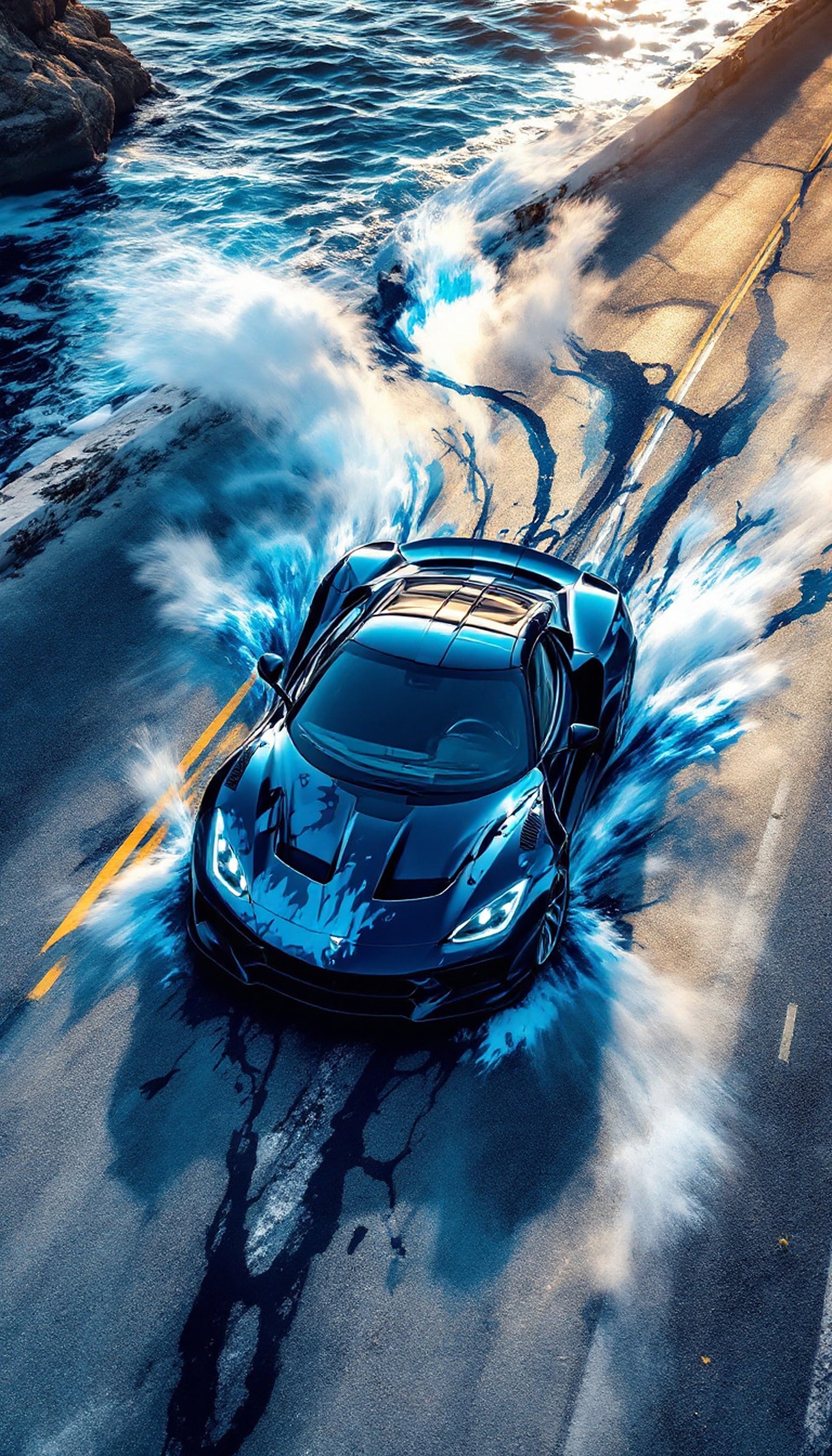 Dynamic Sportscar Coastal Drive with Ocean Spray, sportscar, ocean spray, coastal road, dynamic, automotive, blue