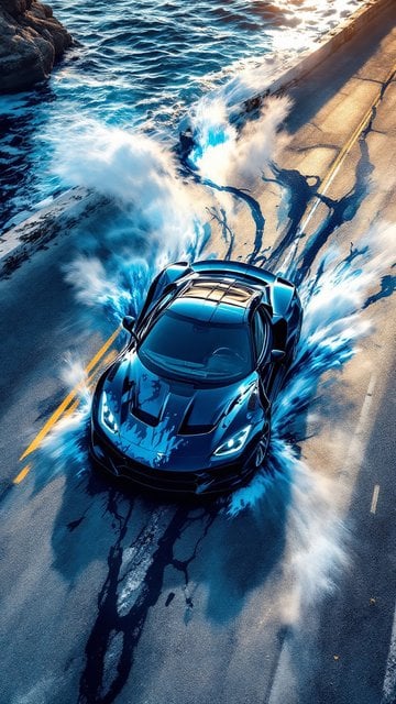 Dynamic Sportscar Coastal Drive with Ocean Spray