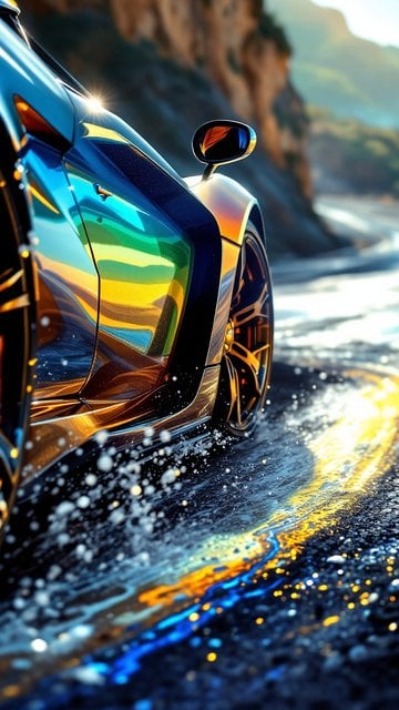 Neon Iridescent Sports Car Splashing Water