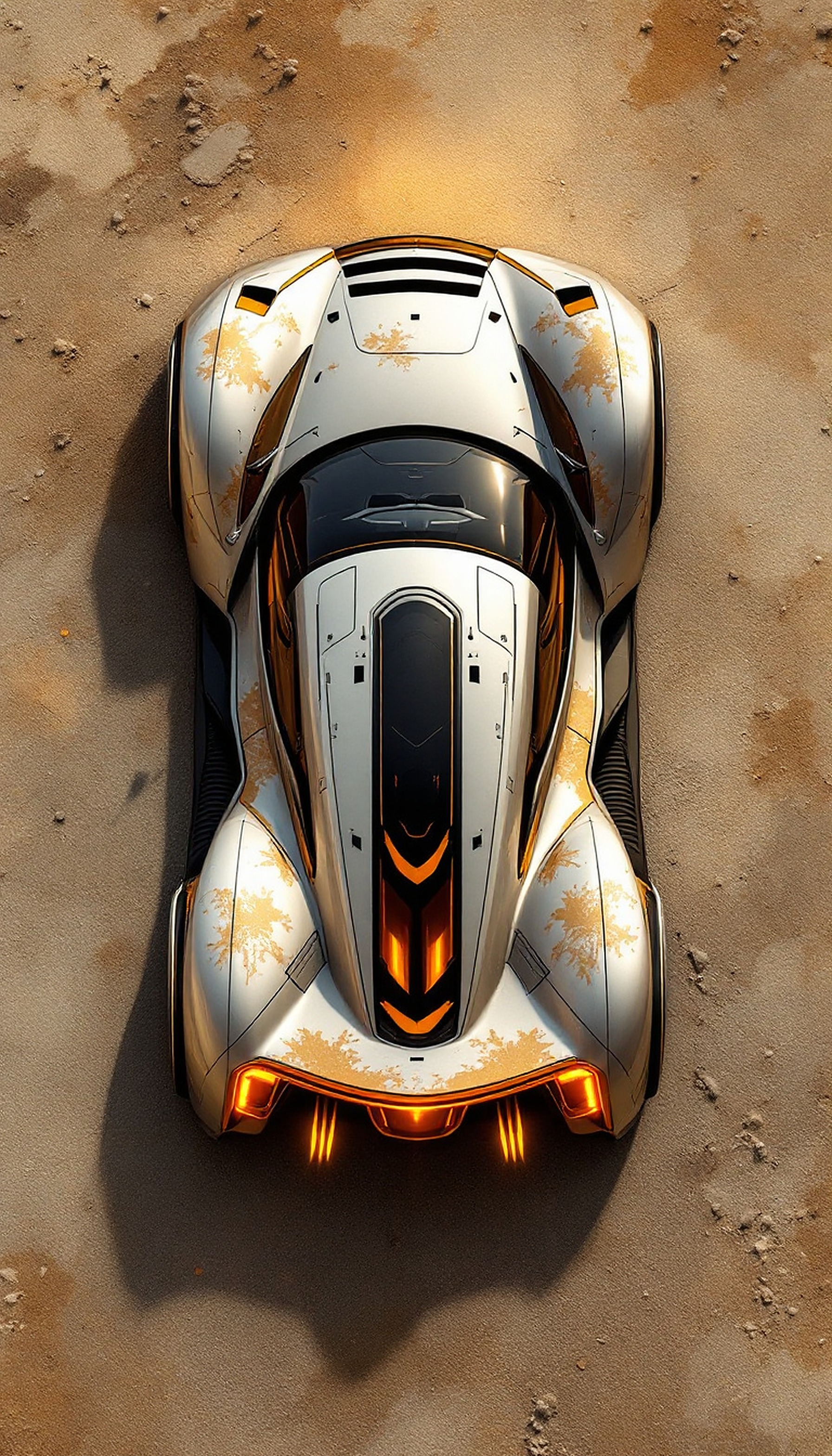 Futuristic Desert Racer Car Wallpaper, futuristic car, desert car, sci-fi vehicle, golden accents, orange glow, silver car